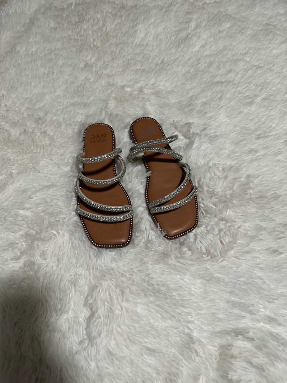 Sparkling Silver-Strap Brown Slide Sandals